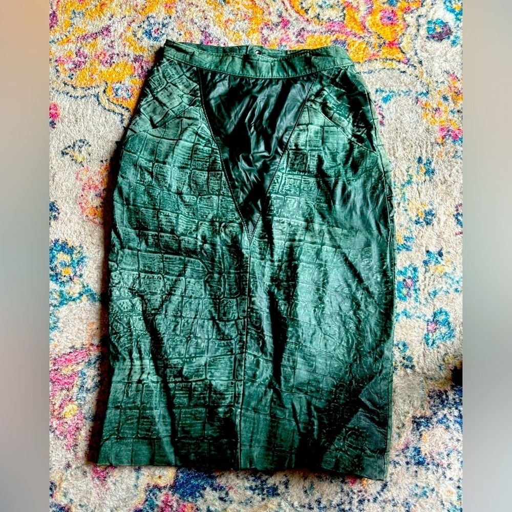 Vintage Green Leather Skirt Medium